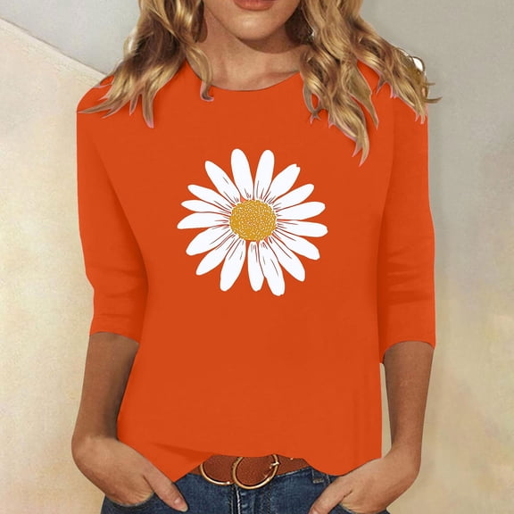 Tops for Women Plus Size 3/4 Sleeve Round Neck Orange Festival Print Casual Top Orange XXXL