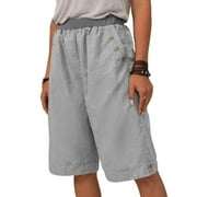 Women Casual Lounge Short Cotton And Linen Knee-Length Bermuda Shorts Summer Beach Capri Short Pants Trousers Holiday Ladies Plain Pockets Shorts