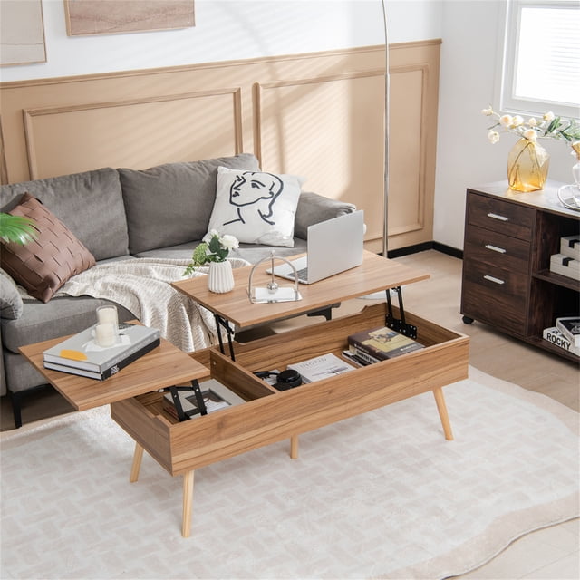 Costway Mesa de Centro Elevable con Almacenaje Barras Neumáticas 2 Compartimentos Ocultos Mesa Auxiliar de Café para Salón 120 x 49 x 42 cm Marrón