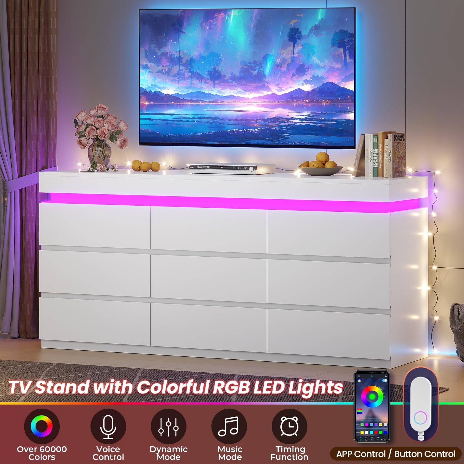 Afuhokles Wide Dresser TV Stand with 9 Drawers Dresser for Bedroom Chests of Drawers for Living Room, White