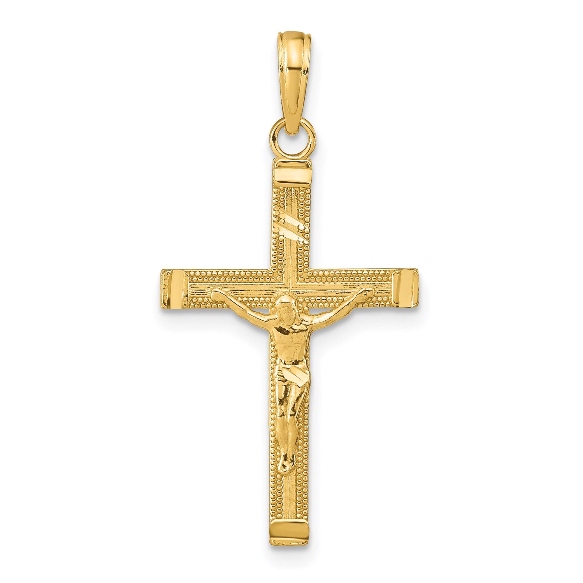 14k Real Gold Crucifix Cross Pendant for Men and Women Textured Latin Design Polished Yellow Gold Religious Symbol Classic Faith Necklace Charm Devotional Style Jewelry