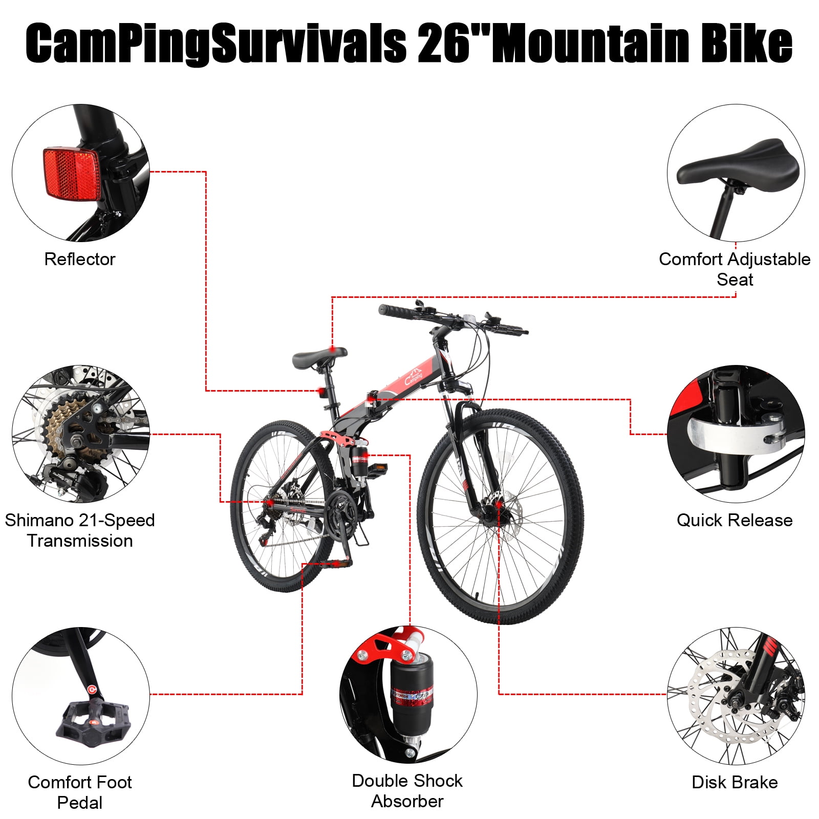 Ktaxon Folding 21 Shimano Speed 26" Wheel Riding Mountain Bike, Steel Frame Trail Road Bicycle, for Men and Women, Black, Red