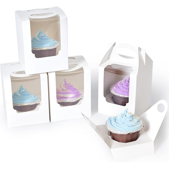 Cupcake Boxes, Individual Cupcake Containers Brown with Window Insert and Handle, Pastry Box Single Muffins Holder Disposable for Bakery Wrapping Party Favor Packaging