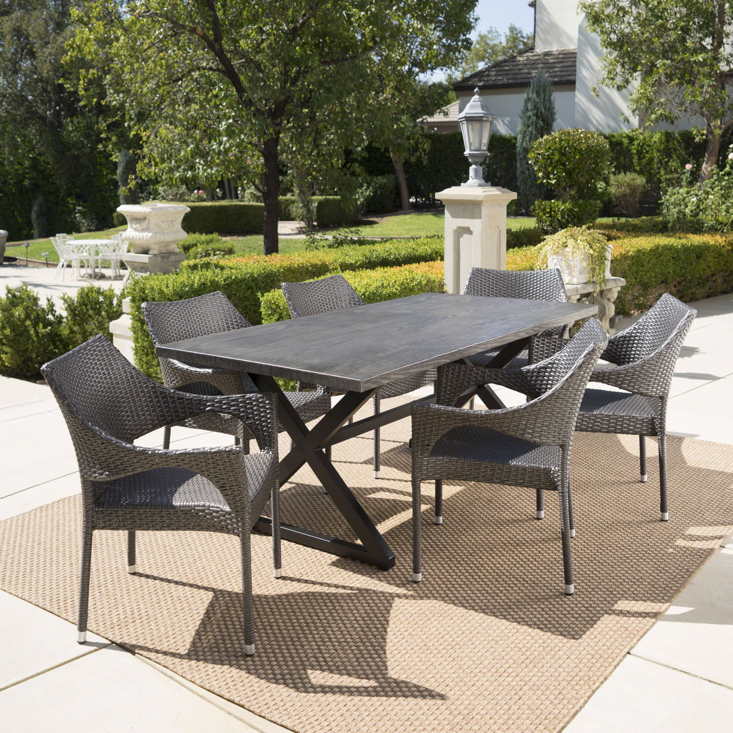 Garrett Outdoor 7 Piece Wicker Dining Set with Rectangular Aluminum Table,Grey