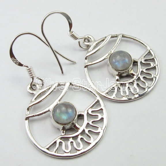 SilverStarJewel 925 Sterling Silver Natural Rainbow Moonstone Dangle Earrings 1.5" Brand