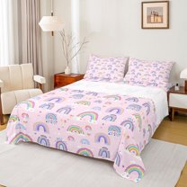 Homewish Kawaii Rainbow 4 Pieces Queen Sheet Sets for Teens Boys Girls,Dreamy Princess Ultra Soft Flat Sheet,Cute Gradient Ombre Queen Fitted Sheet,Lightweight Room Decor