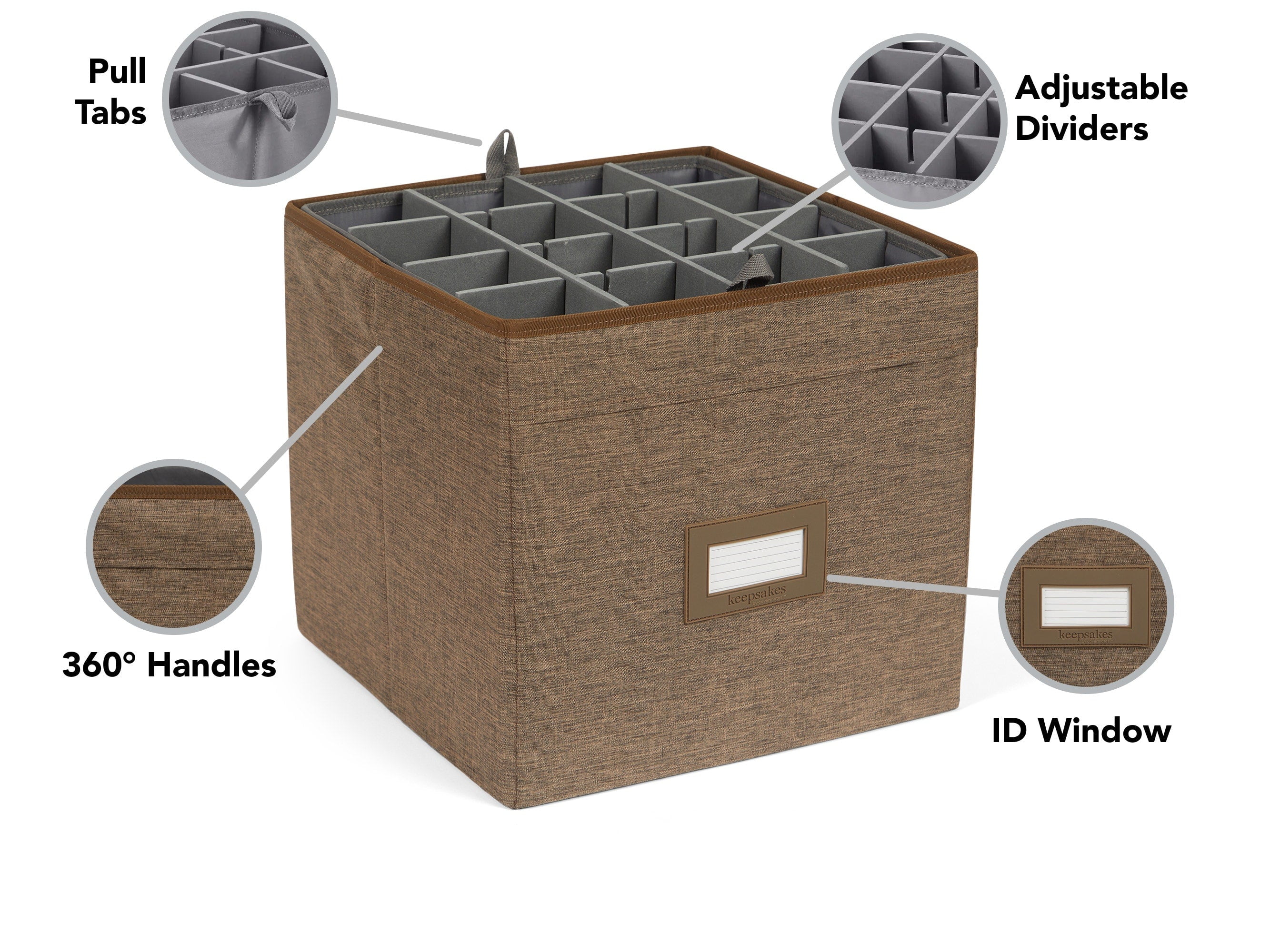 Kitchen Cube Glassware Storage Bin - Durable Polyester, Adjustable Compartments, Sturdy Interior Walls, ID Window, Kitchen Storage, Brown Heather