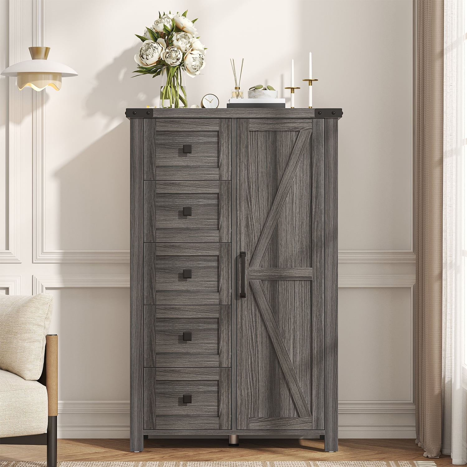 Winkalon 5 Drawers Dresser Chests for Home Bedroom, Farmhouse Wood Rustic Tall Chest of Drawers, Pull Storage Cabinet,Grey