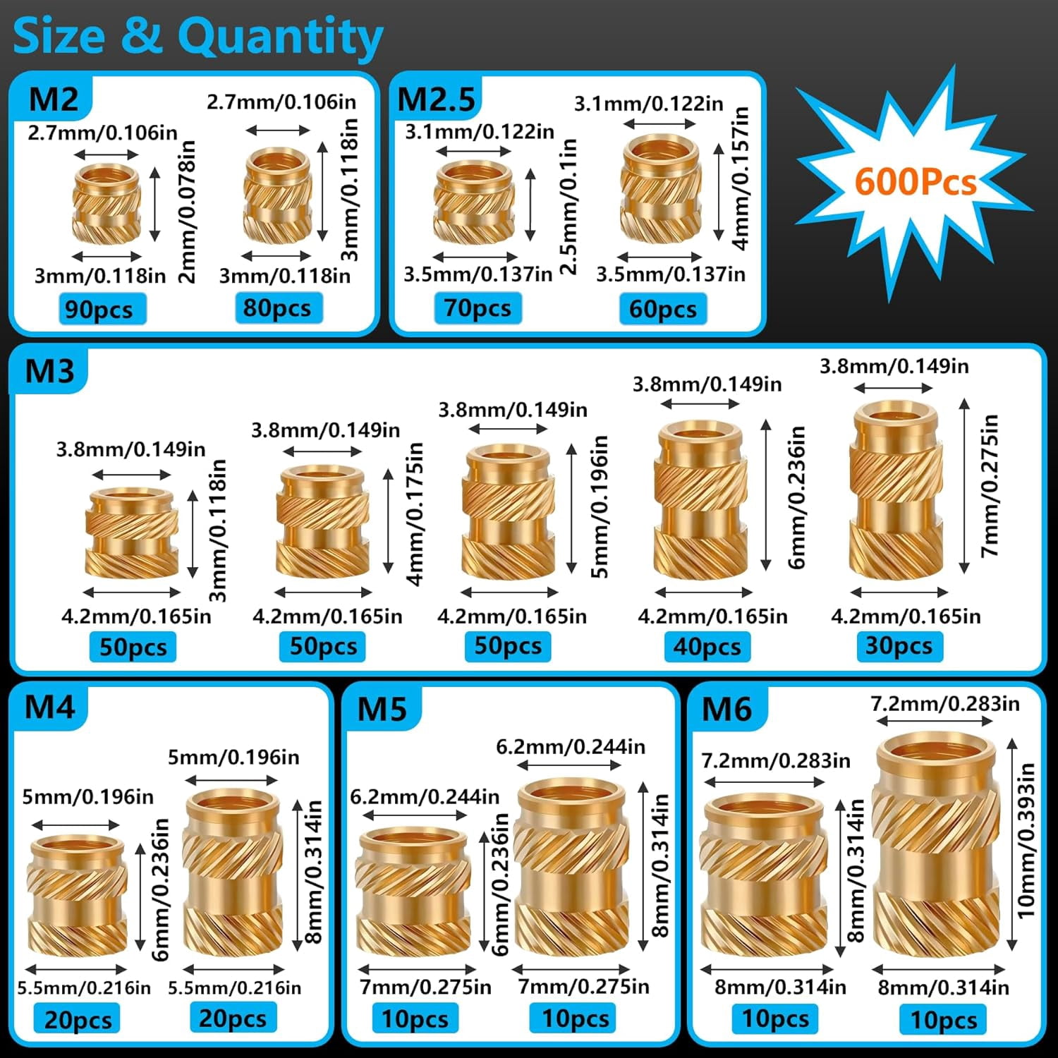 600+7Pcs M2 M2.5 M3 M4 M5 M6 Premium Brass Threaded Inserts, Metric Brass Knurled Nuts Assortment Kit, with Heat Set Insert Tool, for Plastic and 3D Printing Components, All-in-one Solutions