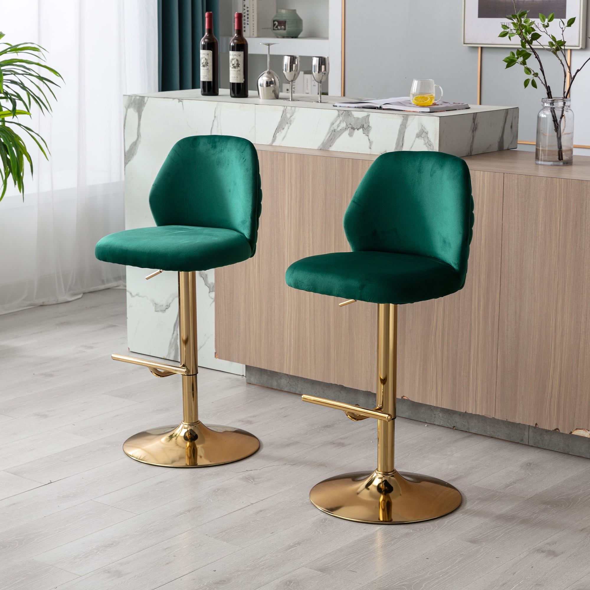 Kadyn Swivel Bar Stools Chair Set of 2, Adjustable Counter Height Barstools with Tufted High Back & Ring Pull, Green