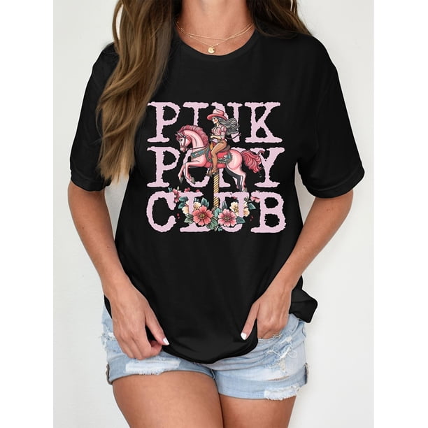 Camisetas de manga corta para mujer, camisetas de verano estampadas, cómodas, divertidas y casuales, para vacacionesWomen's Pink Pony Club Graphic T-Shirt, 100% Crew Neck Tee, Casual Short Sleeve Pu