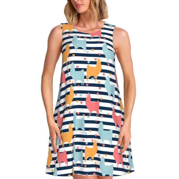 Easygdp Colorful Llama para Vestido Transpirable de Mujer, Vestido Suelto de Manga Corta con Pliegues y Bolsillos para el Verano
