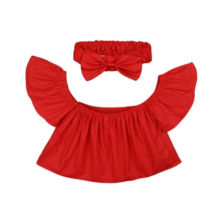

Fesfesfes Toddler Baby Girls Fashion Cute Flying Sleeves Solid Color Leaky Shoulder Top Bow Headdress Suit