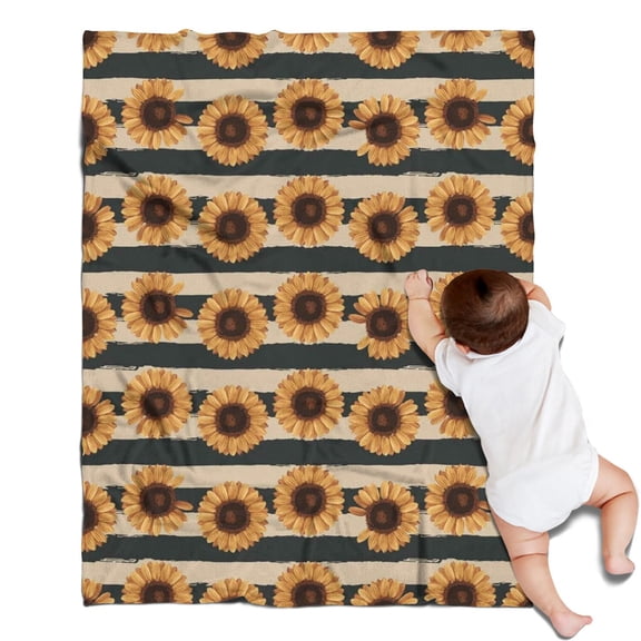 Beige Stripe Sunflower Pattern Blanket,Comfortable Soft Flannel Throw Blanket,All Season,Warm Lightweight Blankets for Sofa Bed Couch Living Room Chair,30"x40"