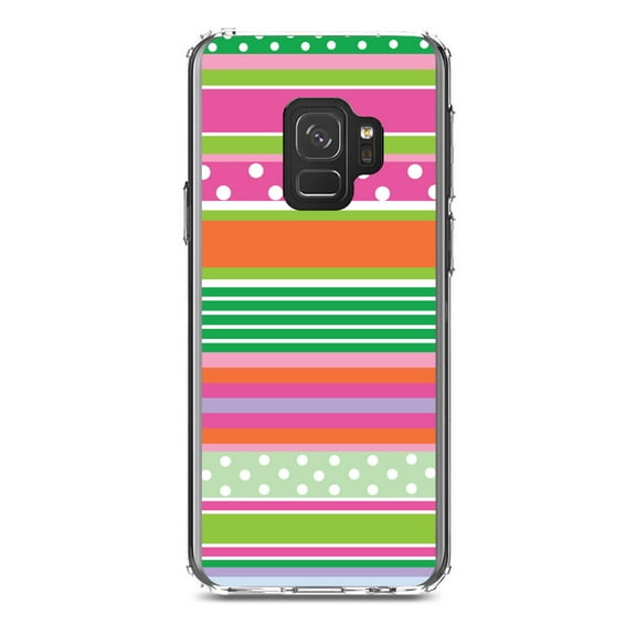 DistinctInk Clear Shockproof Hybrid Case for Samsung Galaxy S9 (5.8" Screen) - TPU Bumper, Acrylic Back, Tempered Glass Screen Protector - Green Pink White Stripes Polka Dots
