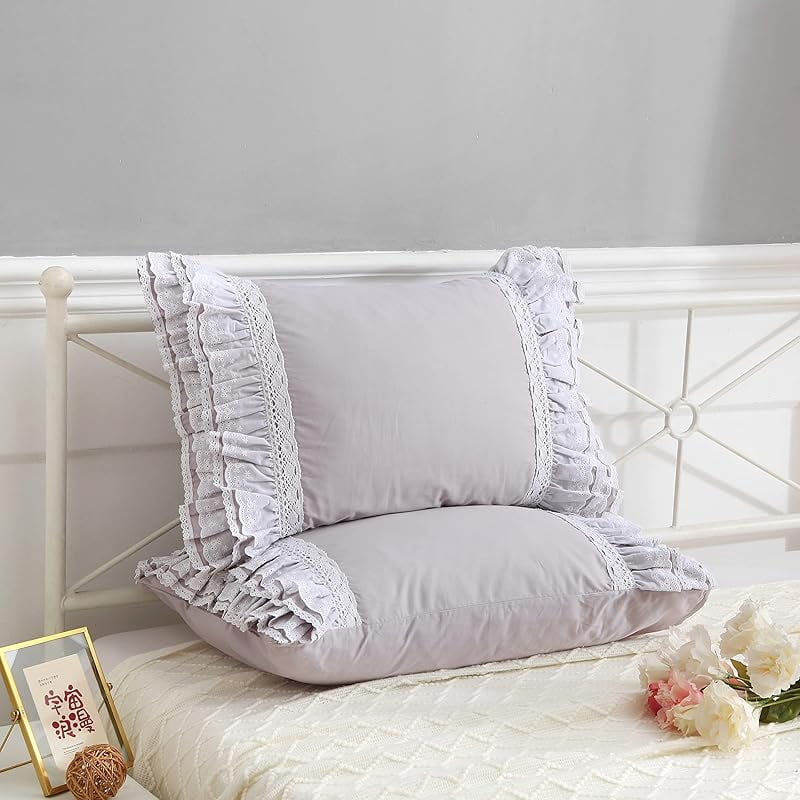 Gray Pillow Shams with Lace Ruffles Shabby Chic Cotton Queen Size Grey Pillowcases 20"x 30" 2-Pack