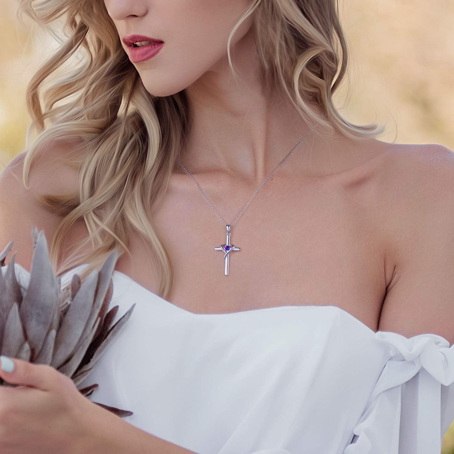 Leander 925 Sterling Silver Cross Necklace for Women Men 5A CZ Birthstone Necklaces 14K Gold Plated or Rose Gold Necklace for Easter or Mother's Day