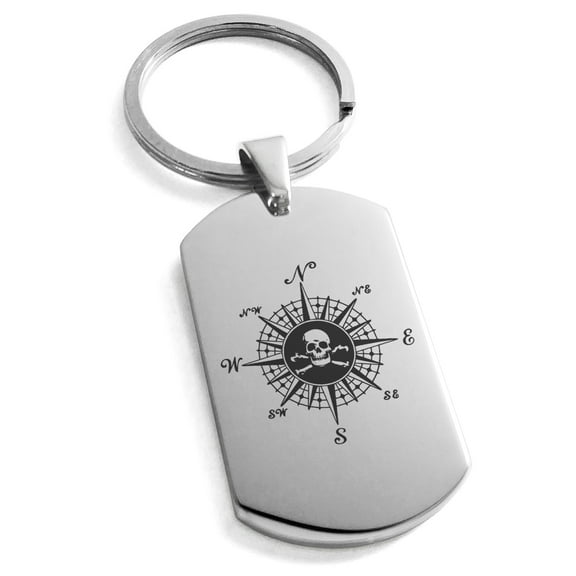 Tioneer Stainless Steel Pirate Skull Compass Engraved Dog Tag Keychain Keyring