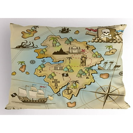 Island Map Pillow Sham, Cartoon Treasure Island Pirate Ship Chest Kraken  Octopus Nautical Design, Decorative Standard Queen Size Printed Pillowcase,  30
