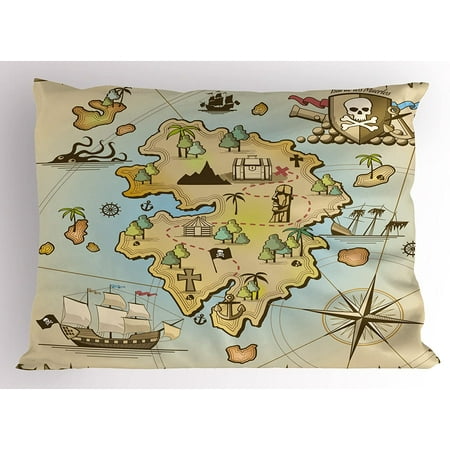 Island Map Pillow Sham, Cartoon Treasure Island Pirate Ship Chest Kraken Octopus Nautical Design, Decorative Standard Queen Size Printed Pillowcase, 30 Island Map Pillow Sham, Cartoon Treasure Island Pirate Ship Chest Kraken Octopus Nautical Design, Decorative Standard Queen Size Printed Pillowcase, 30