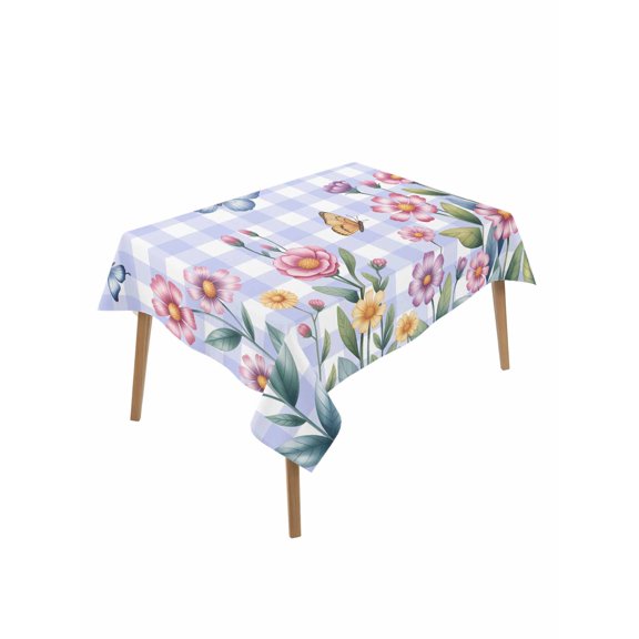 Pink Flowers Rectangle Tablecloth, Spring Floral Butterfly Leaves Plants Blue Plaid Waterproof & StainResistant Tablecloth, Washable Oil-proof Table Cover for Dining/Party/Wedding/Buffet 60x84 In