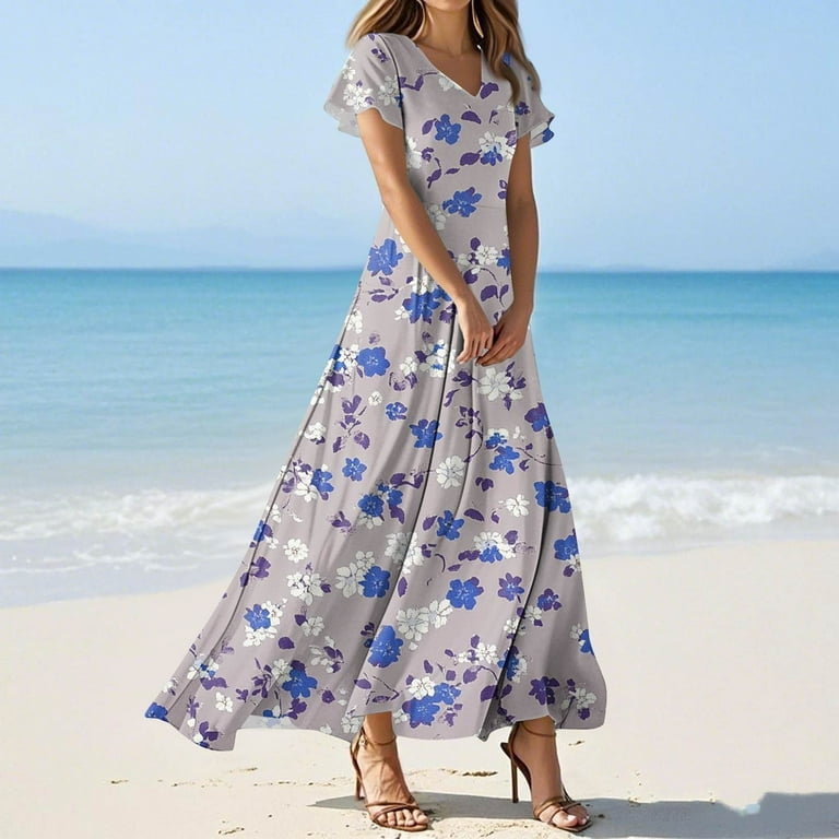 blue chiffon shirt dress NAMTYQX Womens Dresses for Wedding Guest Elegant V Neck Floral Chiffon  Short Sleeve Shirt Dresses for Women Blue Size L