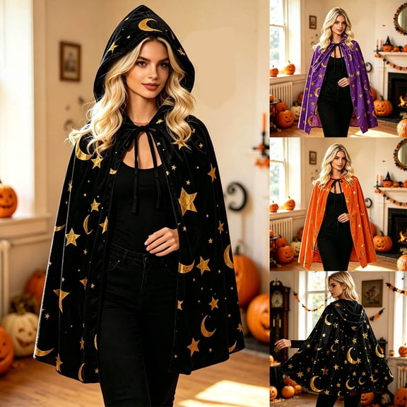 HOWPAY Halloween Capes For Adults Print Tie Front Hooded Cape Shawl Party Cloak Stage Cosplay Outfit For Holiday Masquerade Event Halloween Costumes One Size