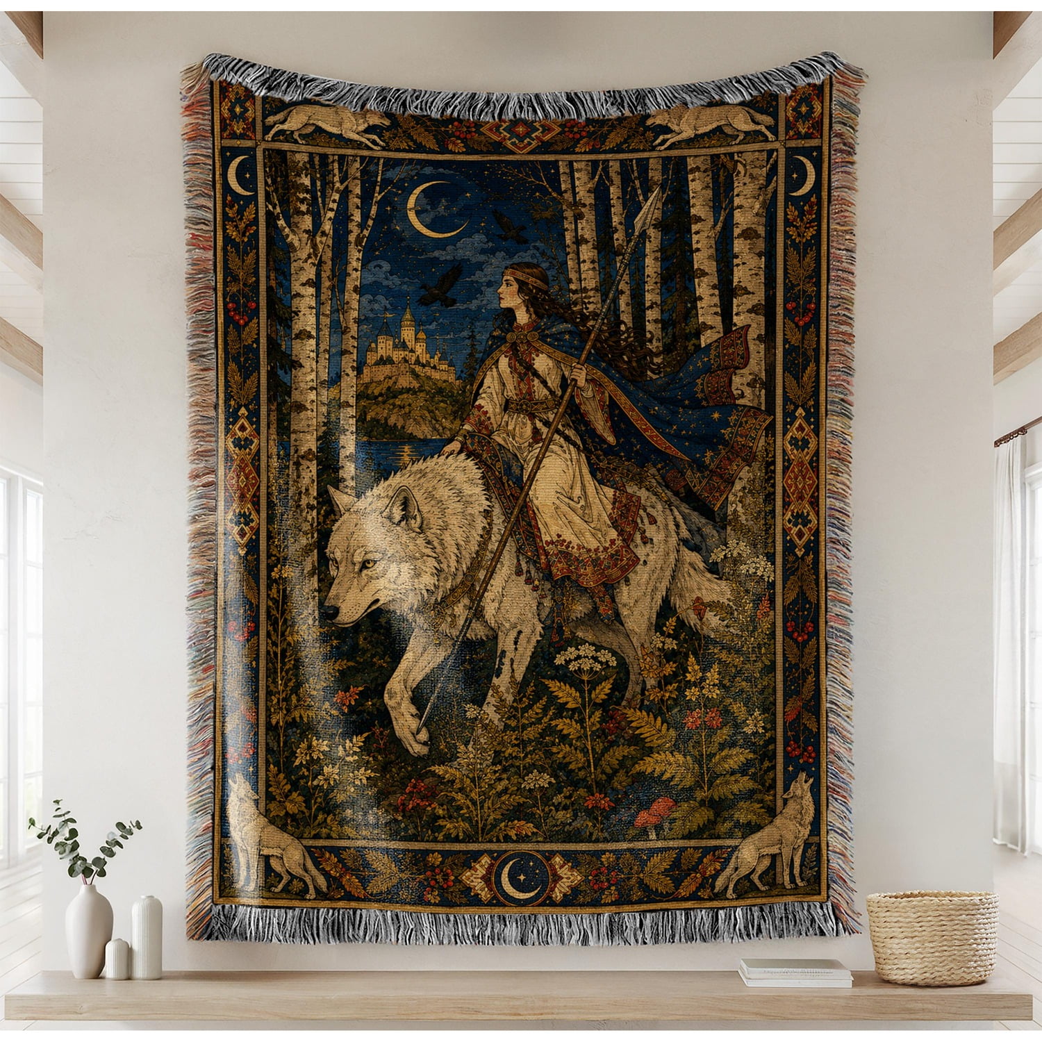 Moonlit Wolf Maiden Woven Throw Blanket Cotton with Fringed Edges for Couch Decor