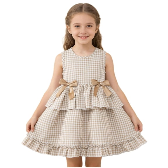 Girls' Gingham Sundress for Kids Kids 2-7 Years, Sleeveless Tiered Ruffle Hem Dress with Bows, Khaki,Size 3-4 T
