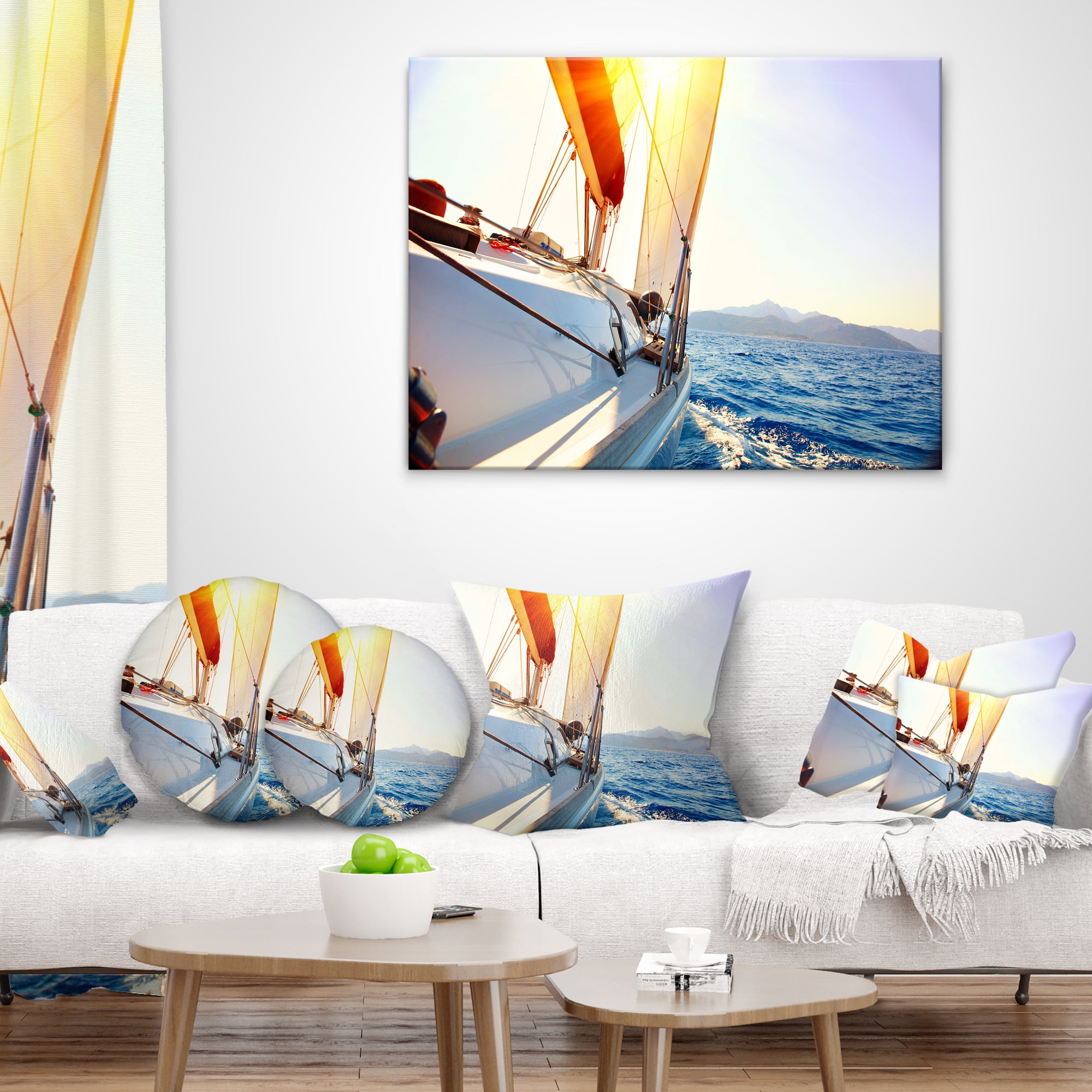 Designart Sailboat Sailing in the Blue Sea - Seashore Throw Pillow - 16x16