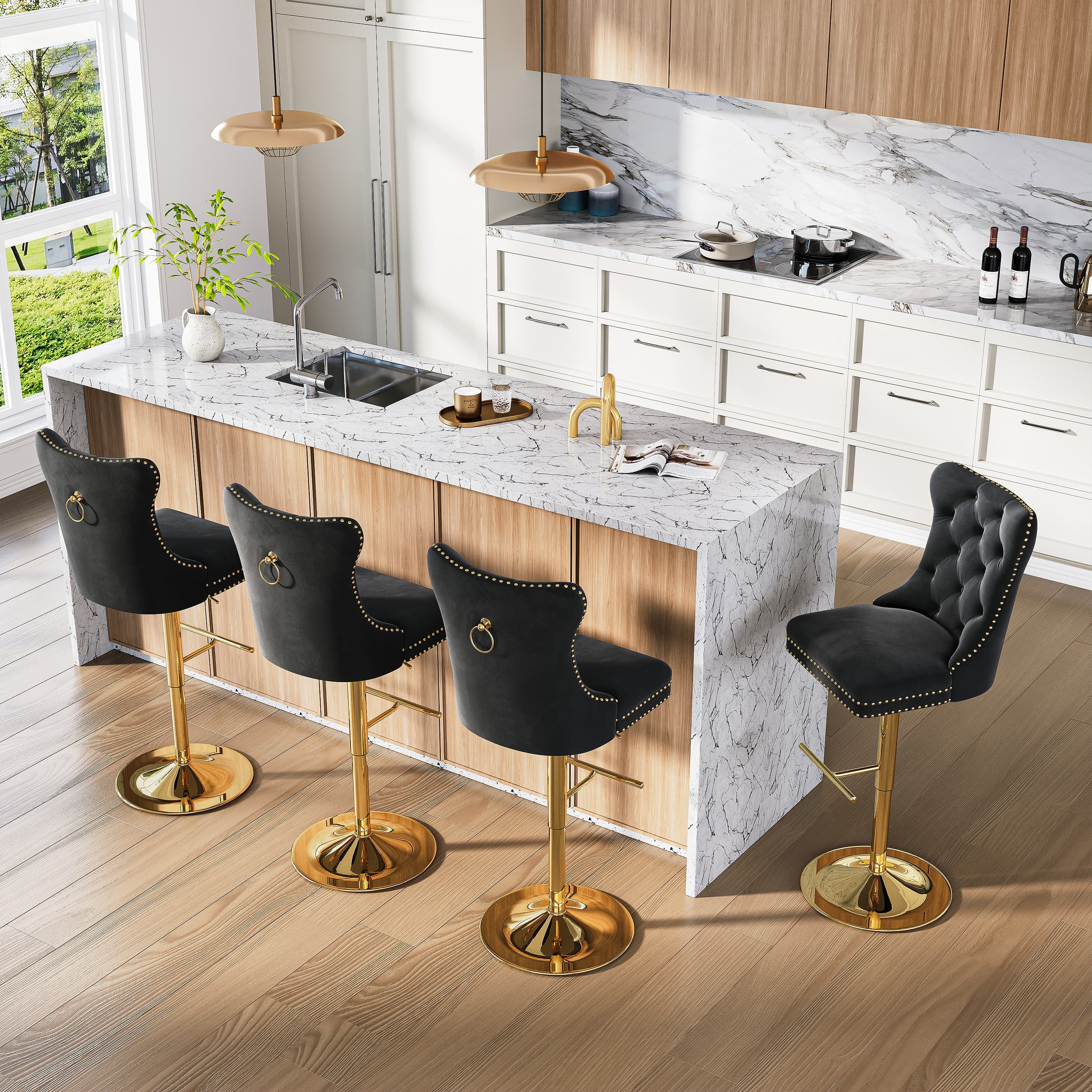 Modern Velvet Bar Stools Set of 2 Adjustable Swivel Counter Height Chairs with Upholstered Back and Nailhead Trim for Home Pub Kitchen Island