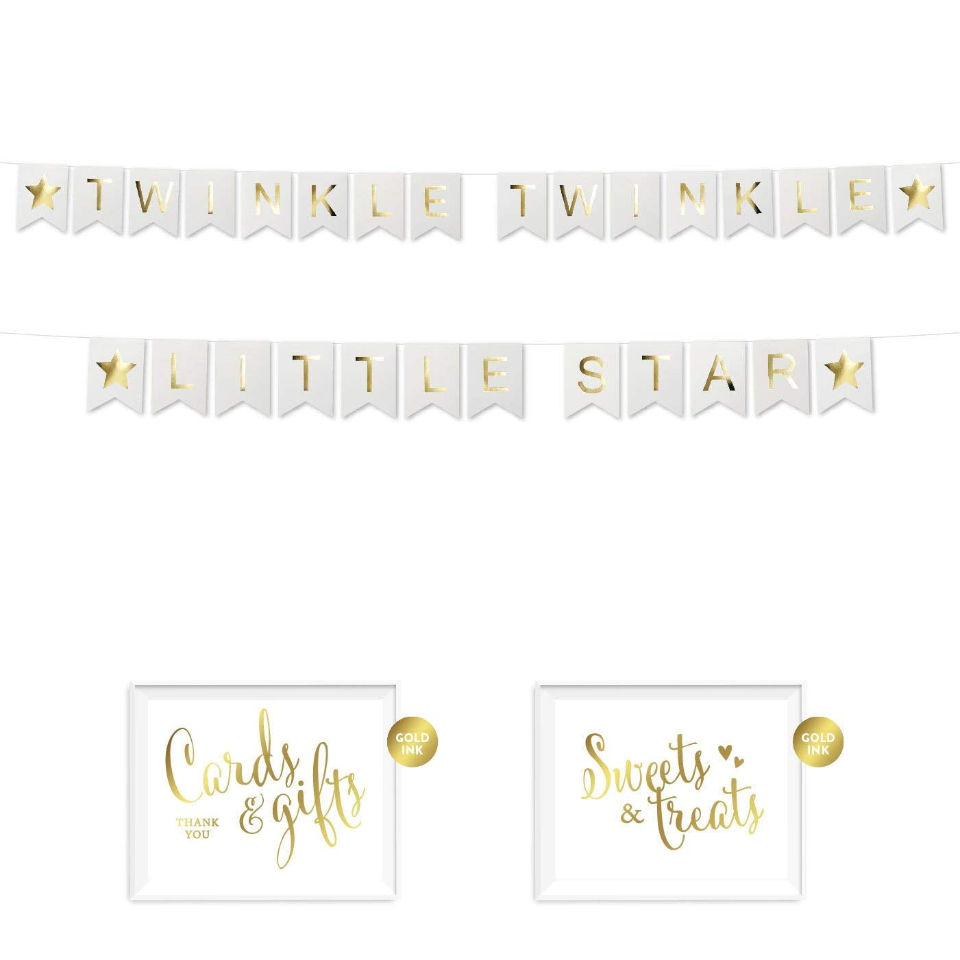 Andaz Press Shiny Gold Foil Paper Pennant Hanging Baby Shower Banner with Gold Party Signs, Twinkle Twinkle Little Star White, Pre-Strung, No Assembly Required, 1-Set