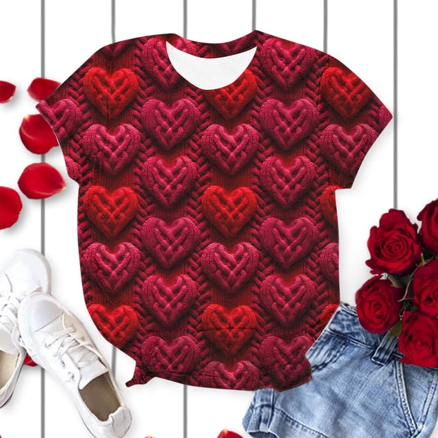 Kayannuo T-Shirts pour Femmes de la Saint-Valentin en Liquidation T-Shirts Imprimés Cœur d'Amour pour Femmes Mode T-Shirts Décontractés pour Femmes à Manches Courtes Col Rond Hauts Imprimés pour Dames Blouse