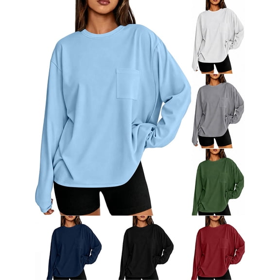 Hzzrkos Womens Casual Long Sleeve Round Neck Loose Fit Basic Pullover Top Everyday Blouse Shirt Light Blue S