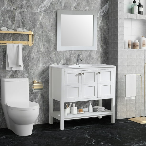 Sink Cabinet Mirror Faucet Drain, Modern White Bathroom Vanity 36 Inch