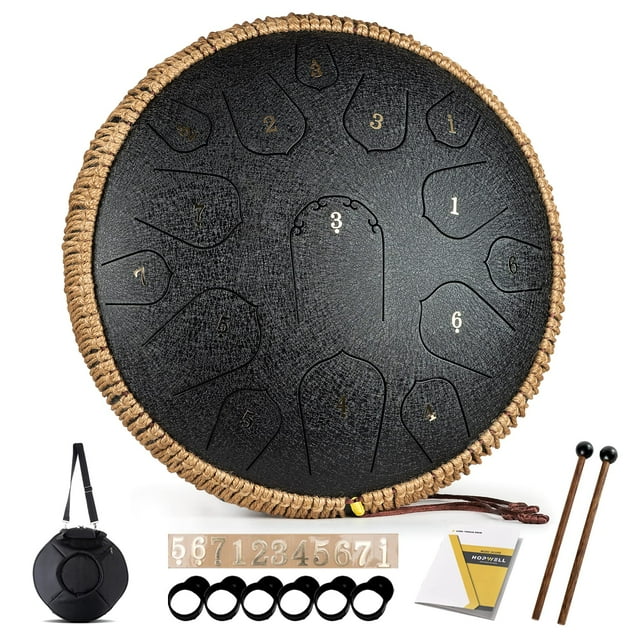 Tambor HOPWELL de acero, 15 notas, 35,56 cm, con libro de música, color negro