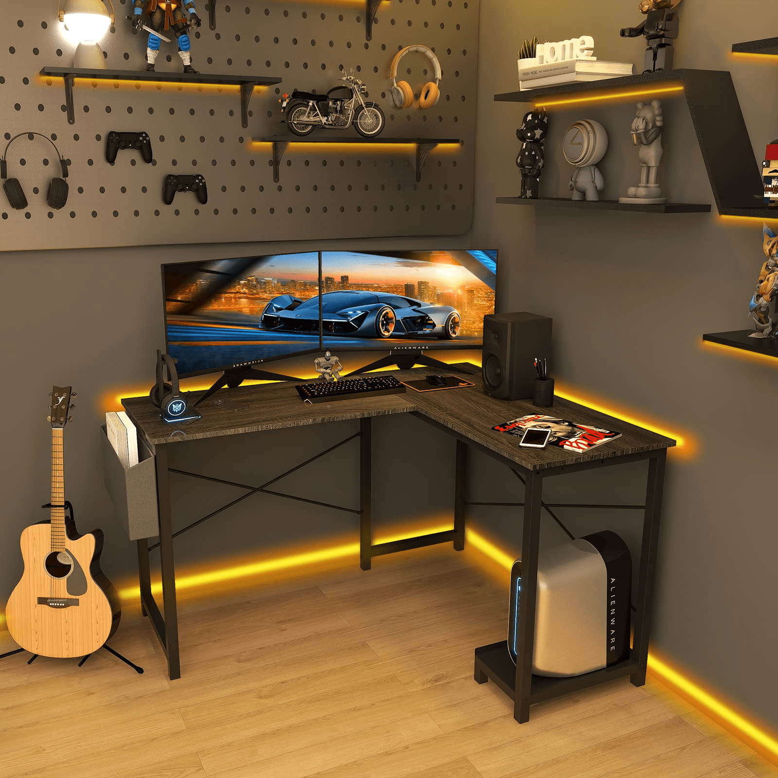 L Shaped Desk with Side Storage Bag and CPU Stand Shelf for Home Office Computer, 49 Inch, Grey Wood