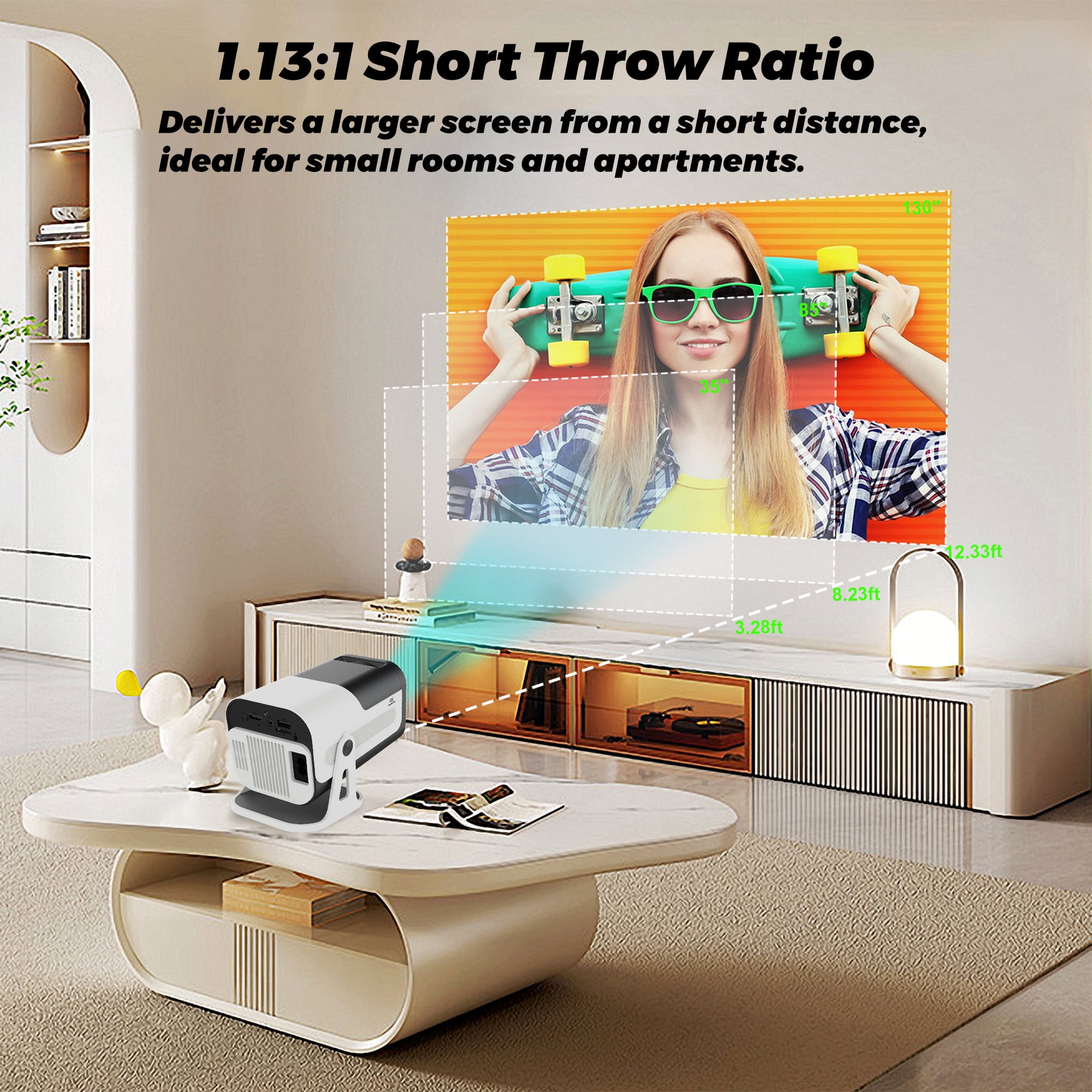 BDQ Mini Portable Projector, Support 4K 1080P with Dual-Band WIFI6 5G Wireless 5.0 Bluetooth Android 13, 180° Rotatable, Auto Keystone Correction, 35"-130" Screen Video Projector