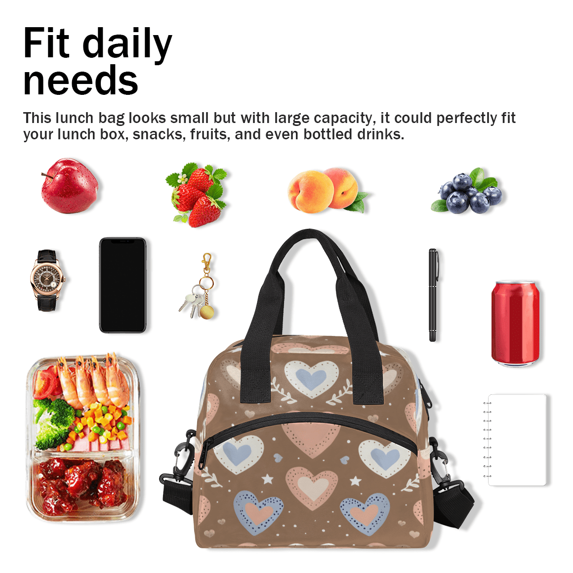 Herdesigns Cute Insulated Lunch Bag for Women Men Adults Large Reusable Lunch Box Heart Pattern Leakproof Cooler Tote Bags with Adjustable Shoulder Strap