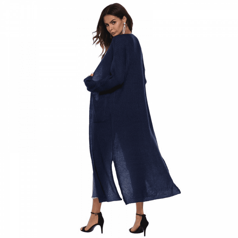 Women Floor Length Open Front Drape Cardigan Lightweight Long Sleeve Maxi Duster with Pockets Thin Cable Knit Long Sweater Coats Outerwear Lightweight Duster Sweater S 2XL Navy Blue Walmart