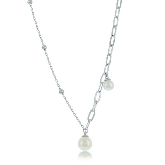 Beaux Bijoux Trendy Stylish Half Paperclip and Beaded Chain with Freshwater Pearl 16 2” Designer Necklace Sterling Silver Jewelry for Women or Teens