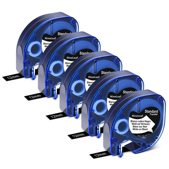 NineLeaf 5PK Compatible for DYMO LetraTag Refills 913318 12mm 1/2" White on Black Plastic Label Maker Tape