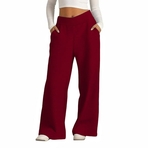 Roncen Women's Solid High-Waist Jogger Pants - Wide Leg Loose Fit Elastic Waist Trousers with Side Pockets