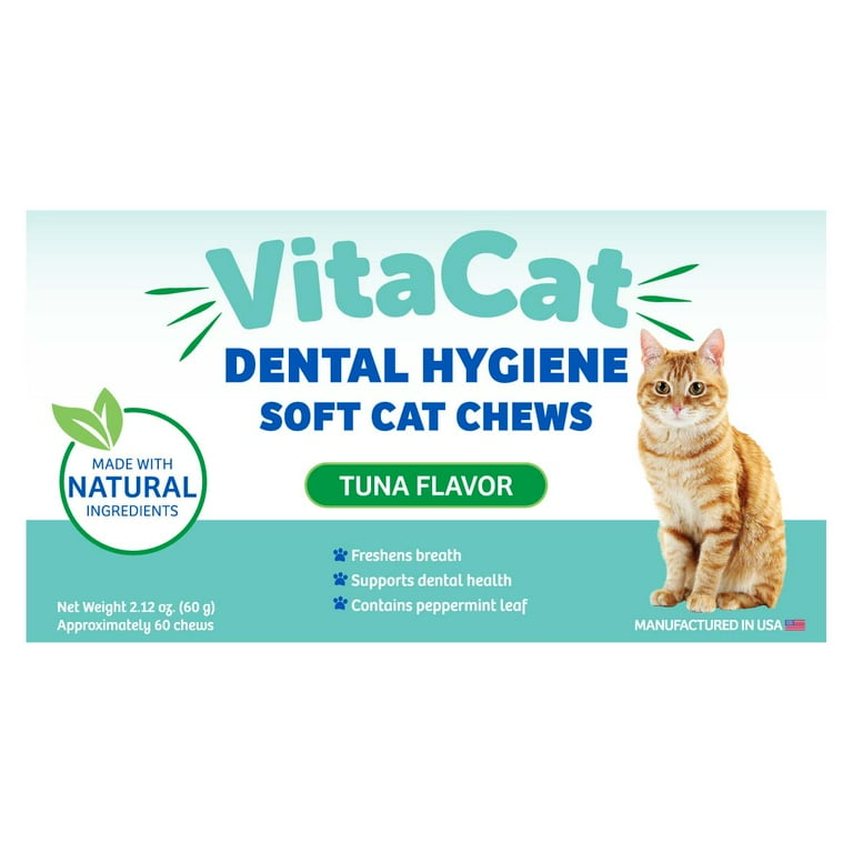 VitaCat Cat Dental Care Treats for Healthy Teeth Gums Fresh Breath Natural Supplement for Cats Tasty 60 Tuna Flavored Chews Made in The USA
