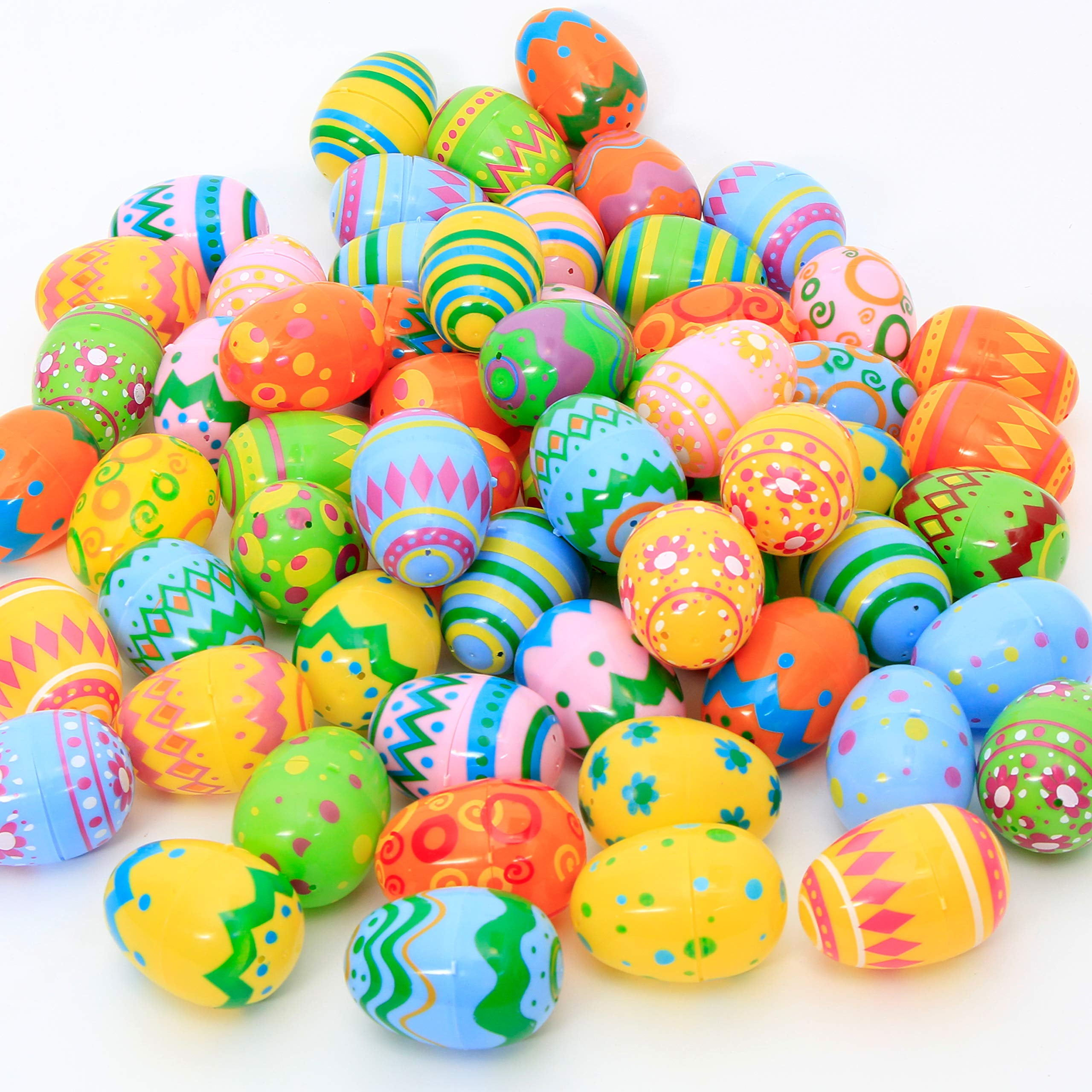 Joyfy 100 Pcs Plastic Printed Easter Eggs, 2.3" Fillable Empty Easter Eggs for Easter Hunt, Basket Stuffers Fillers, Classroom Prize Supplies, Filling Treats and Party Favor