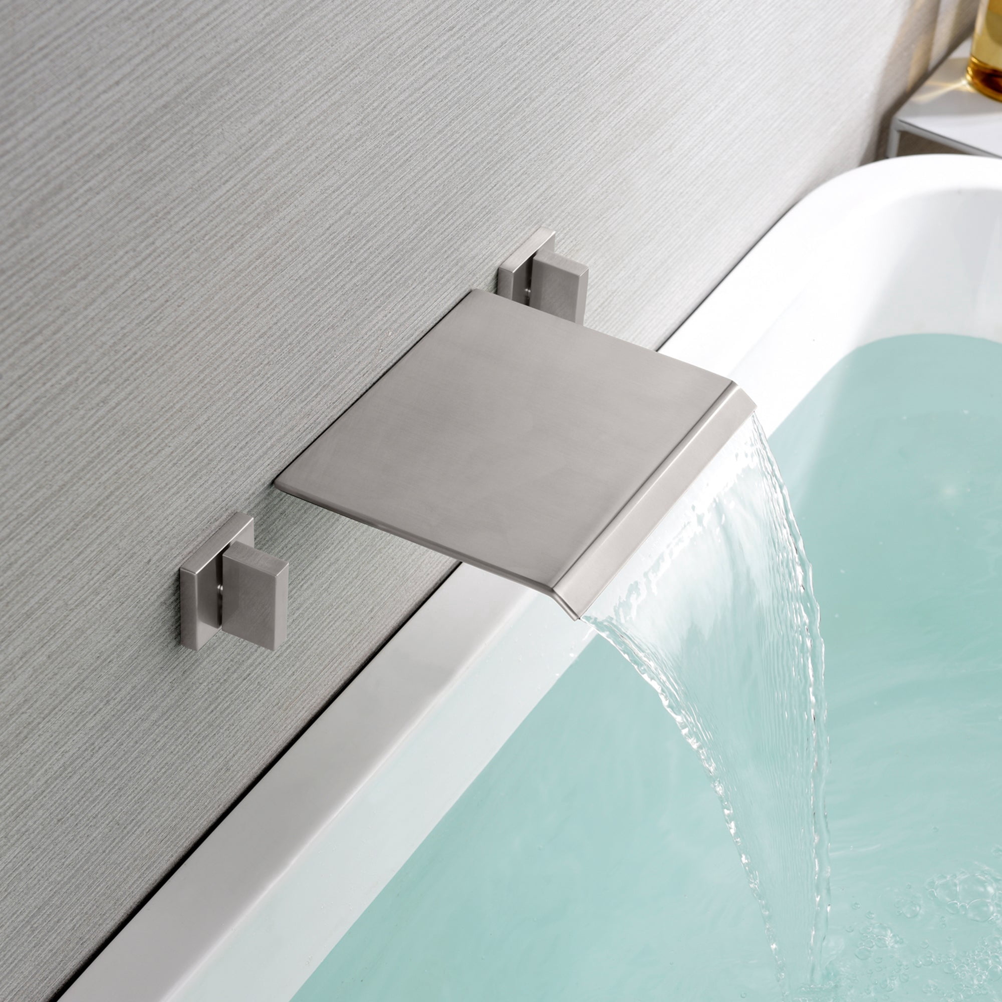 RomceBath Wall Mounted Bathtub Filler Faucet – Brushed Gold, 3-Hole, 2 Lever Handles, 8.07" Spout Reach, With Rough-in Valve