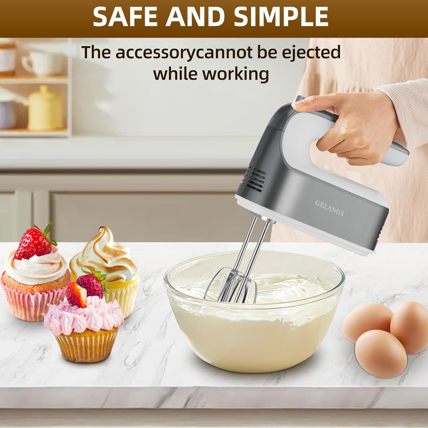 GELANGS-400W Hand Mixer with Turbo Boost - 5-Speed, One-Touch Release, Copper Motor 3 Dishwasher-Safe Attachments 110V Heavy Duty for Baking, Whipping & Dough