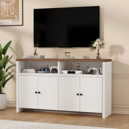 Large Farmhouse Buffet Sideboard Cabinet 4 Doors Adjustable Shelves Ample Storage Wood Coffee Bar for Kitchen Dining Room Living Room Entryway White