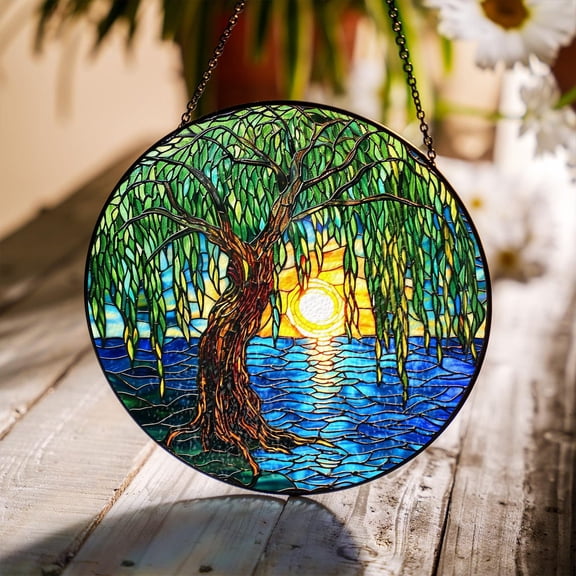 Weeping Willow Tree Glass Suncatcher, Window Hanging Decor, 3.5 in