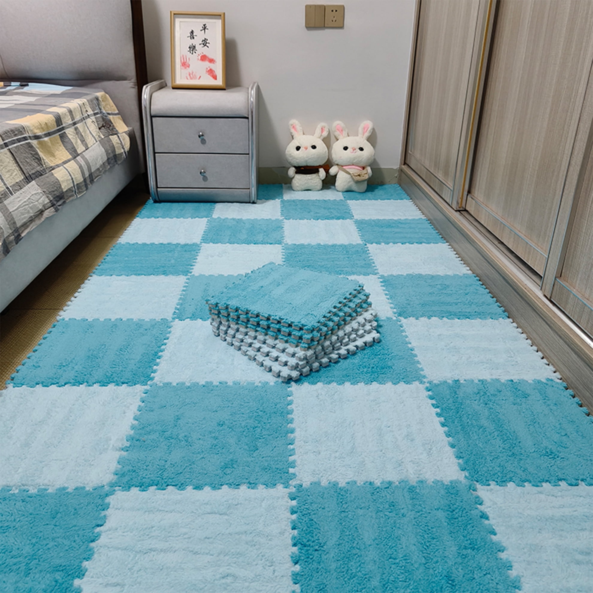 Interlocking Carpet Shaggy Soft EVA Foam Mats Fluffy Square Thickened Plush Tiles Protective Floor Tiles Exercise Play Mat for Children Kids Room Home Parlor Bedroom (Sky Blue, 12 Pcs)
